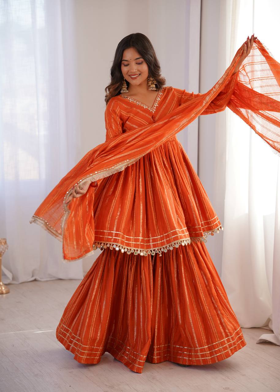 Aarohi Mal Chanderi Mirror Handwork Kurti with Sharara Palazzo & Dupatta Set