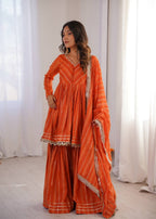 Aarohi Mal Chanderi Mirror Handwork Kurti with Sharara Palazzo & Dupatta Set