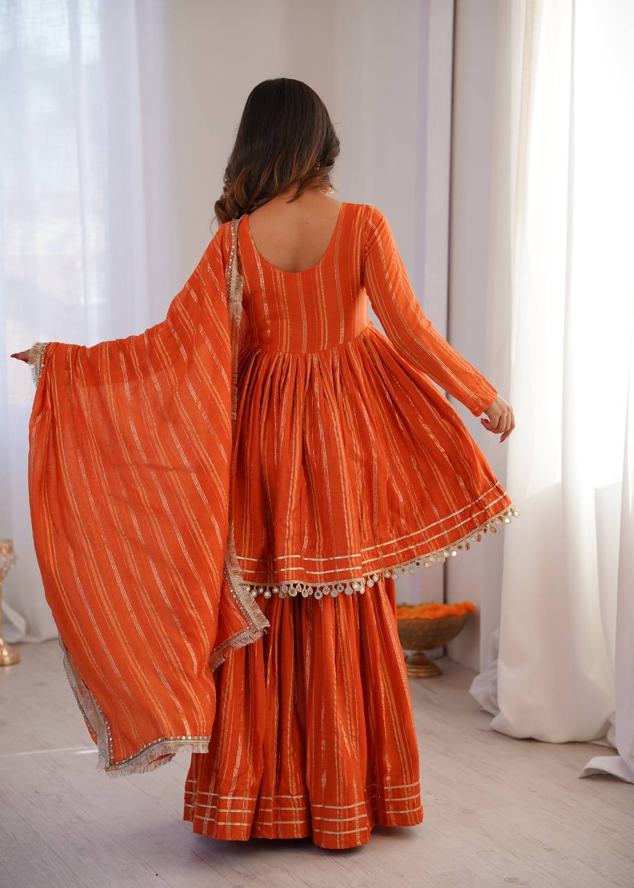 Aarohi Mal Chanderi Mirror Handwork Kurti with Sharara Palazzo & Dupatta Set