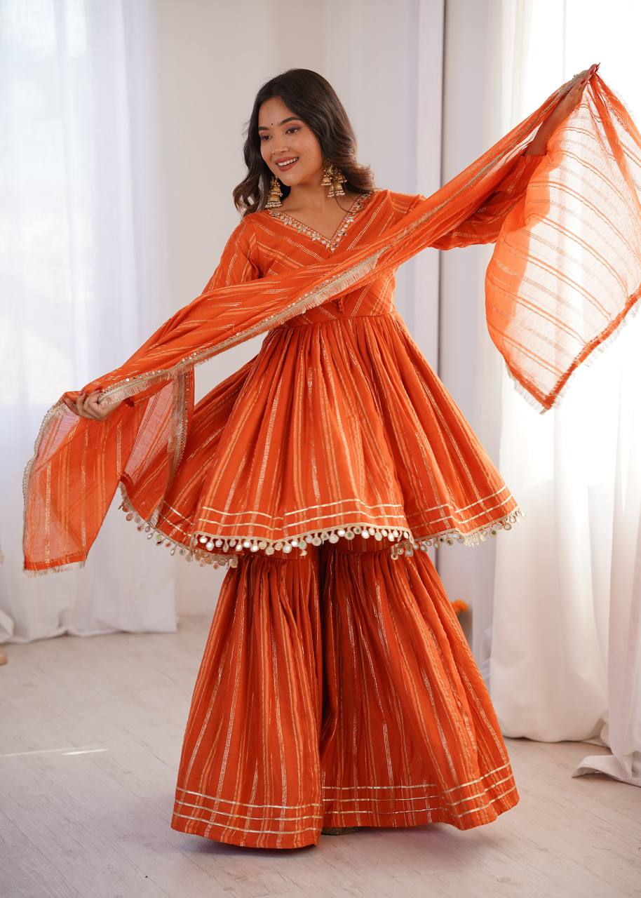 Aarohi Mal Chanderi Mirror Handwork Kurti with Sharara Palazzo & Dupatta Set