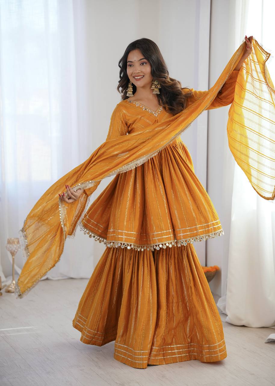 Aarohi Mal Chanderi Mirror Handwork Kurti with Sharara Palazzo & Dupatta Set