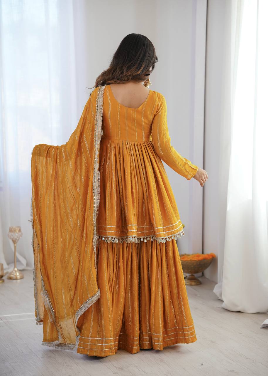 Aarohi Mal Chanderi Mirror Handwork Kurti with Sharara Palazzo & Dupatta Set