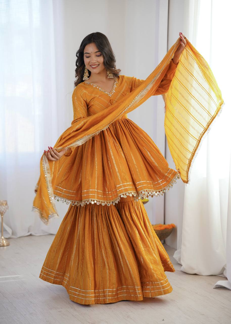 Aarohi Mal Chanderi Mirror Handwork Kurti with Sharara Palazzo & Dupatta Set