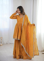 Aarohi Mal Chanderi Mirror Handwork Kurti with Sharara Palazzo & Dupatta Set