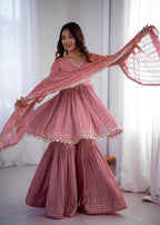Aarohi Mal Chanderi Mirror Handwork Kurti with Sharara Palazzo & Dupatta Set