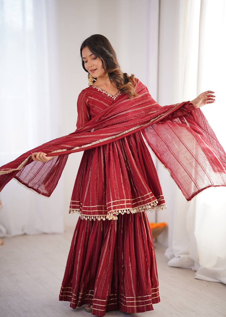 Aarohi Mal Chanderi Mirror Handwork Kurti with Sharara Palazzo & Dupatta Set