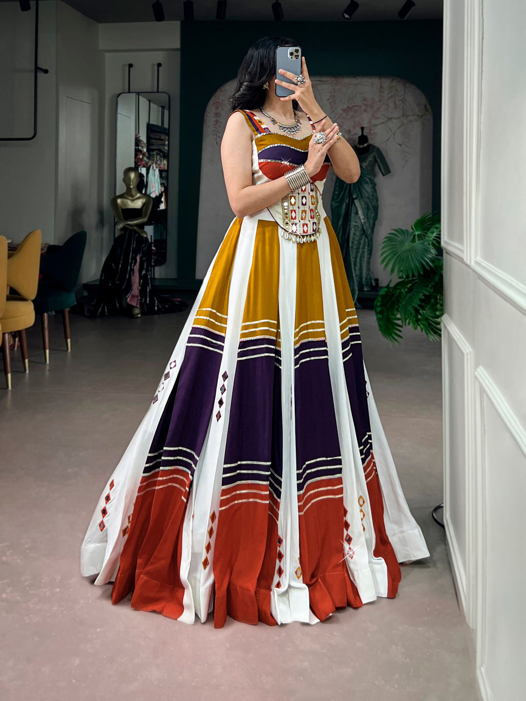 Aarvisha Soft Rayon Mirror Work & Gota Patti Navratri Lehenga Choli with Tassel Detailing