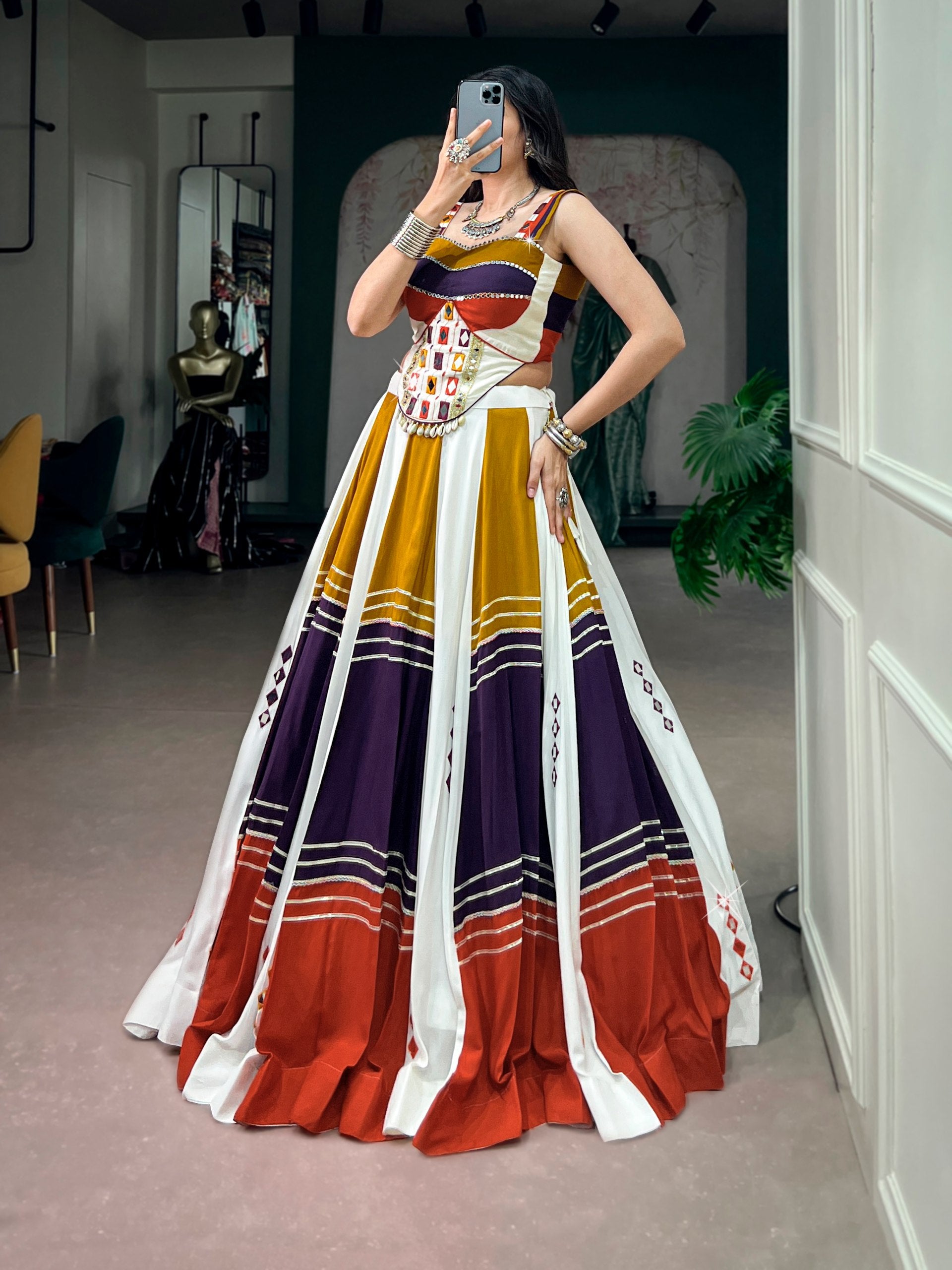 Aarvisha Soft Rayon Mirror Work & Gota Patti Navratri Lehenga Choli with Tassel Detailing