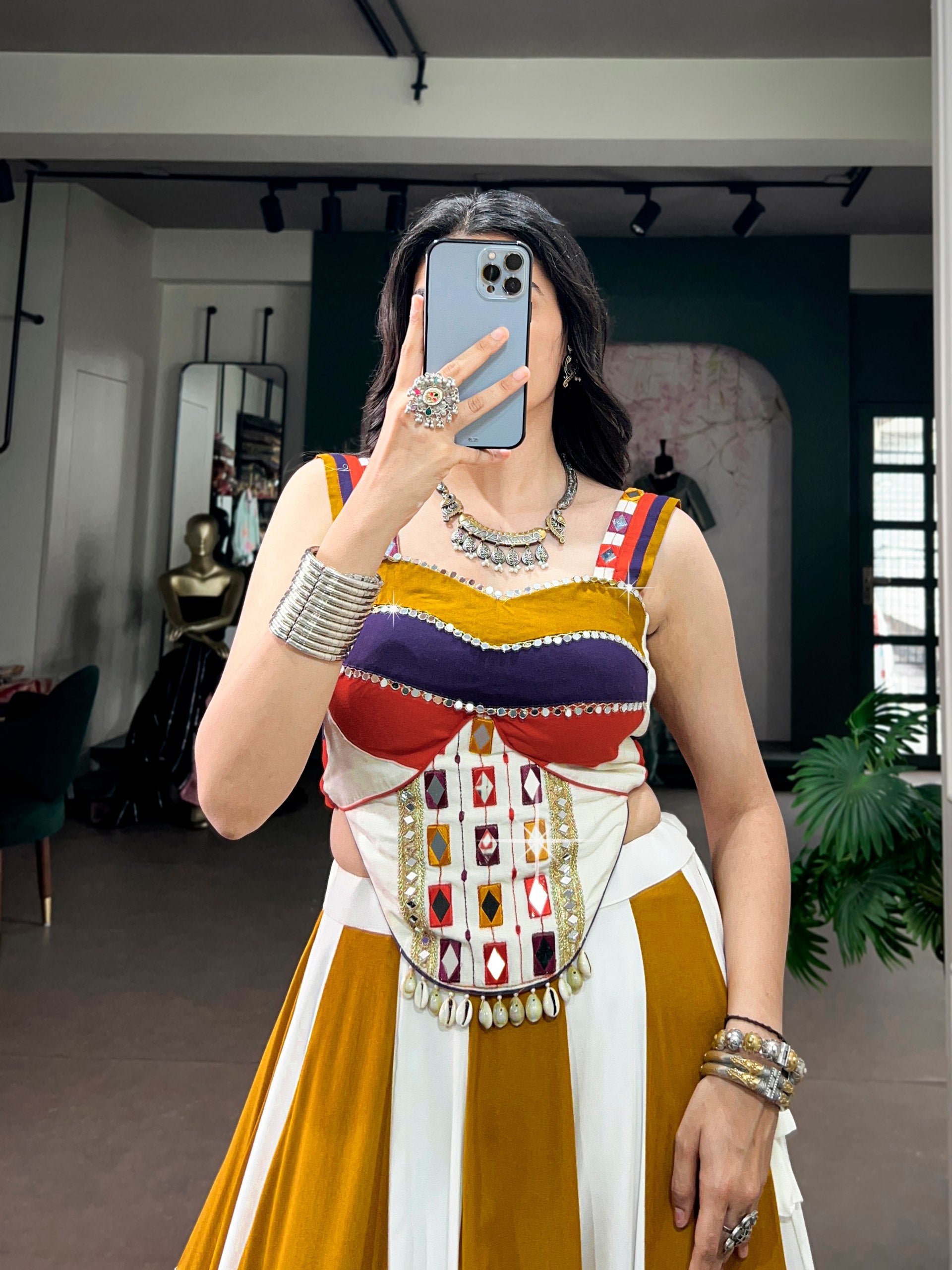 Aarvisha Soft Rayon Mirror Work & Gota Patti Navratri Lehenga Choli with Tassel Detailing