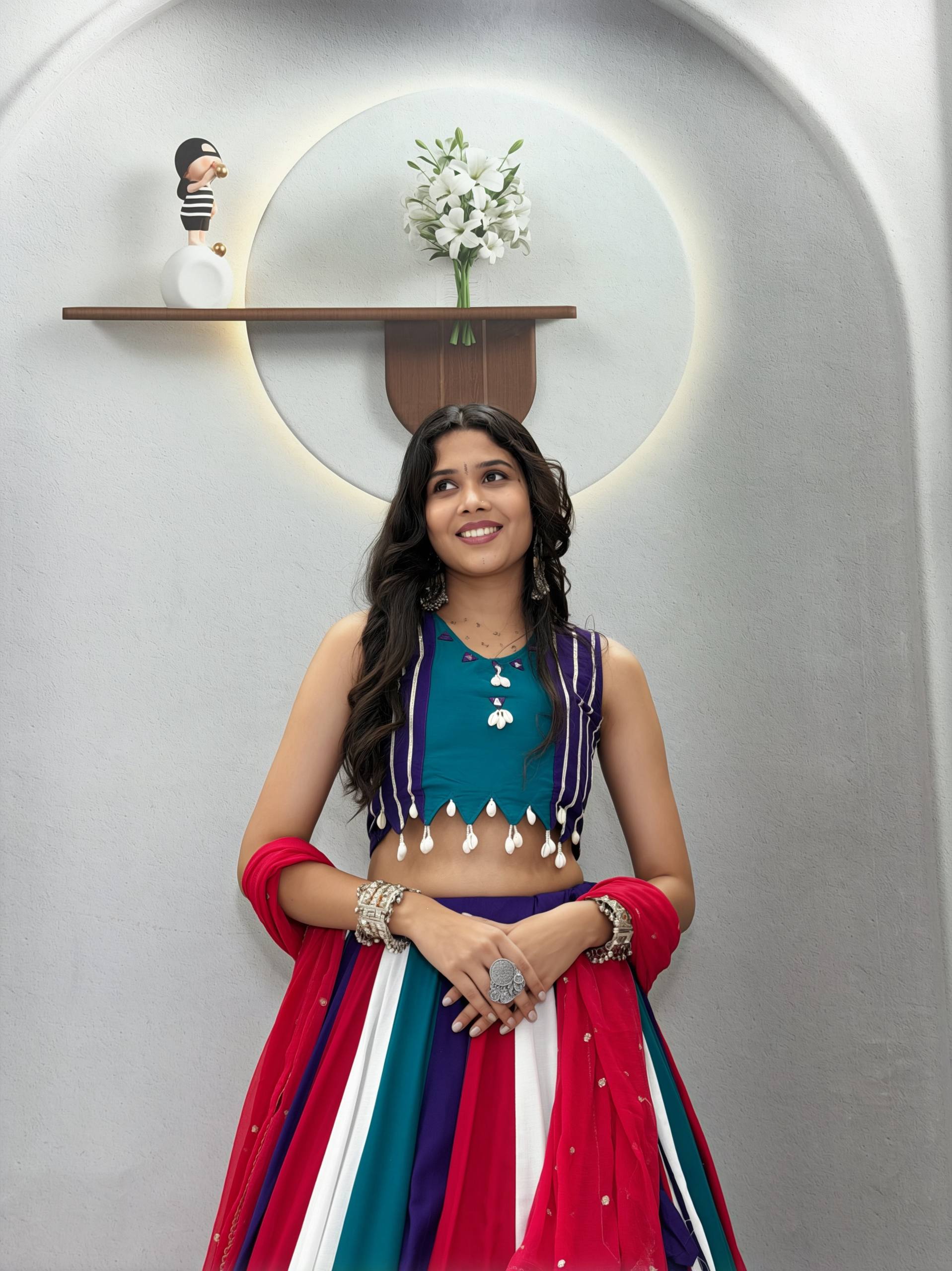 Ramvanya Designer Pure Cotton Hand Mirror & Thread Work Navratri Lehenga Choli with 6 Metre Multi-Colour Kali Flair and Embroidered Najmin Dupatta 3-Piece Ethnic Wear Set