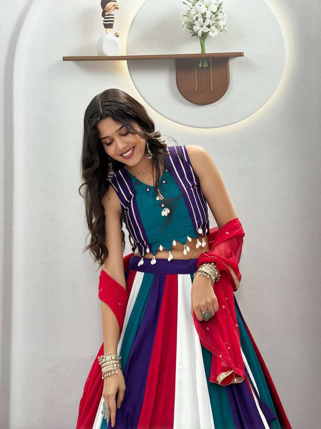 Ramvanya Designer Pure Cotton Hand Mirror & Thread Work Navratri Lehenga Choli with 6 Metre Multi-Colour Kali Flair and Embroidered Najmin Dupatta 3-Piece Ethnic Wear Set