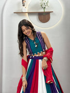Ramvanya Designer Pure Cotton Hand Mirror & Thread Work Navratri Lehenga Choli with 6 Metre Multi-Colour Kali Flair and Embroidered Najmin Dupatta 3-Piece Ethnic Wear Set
