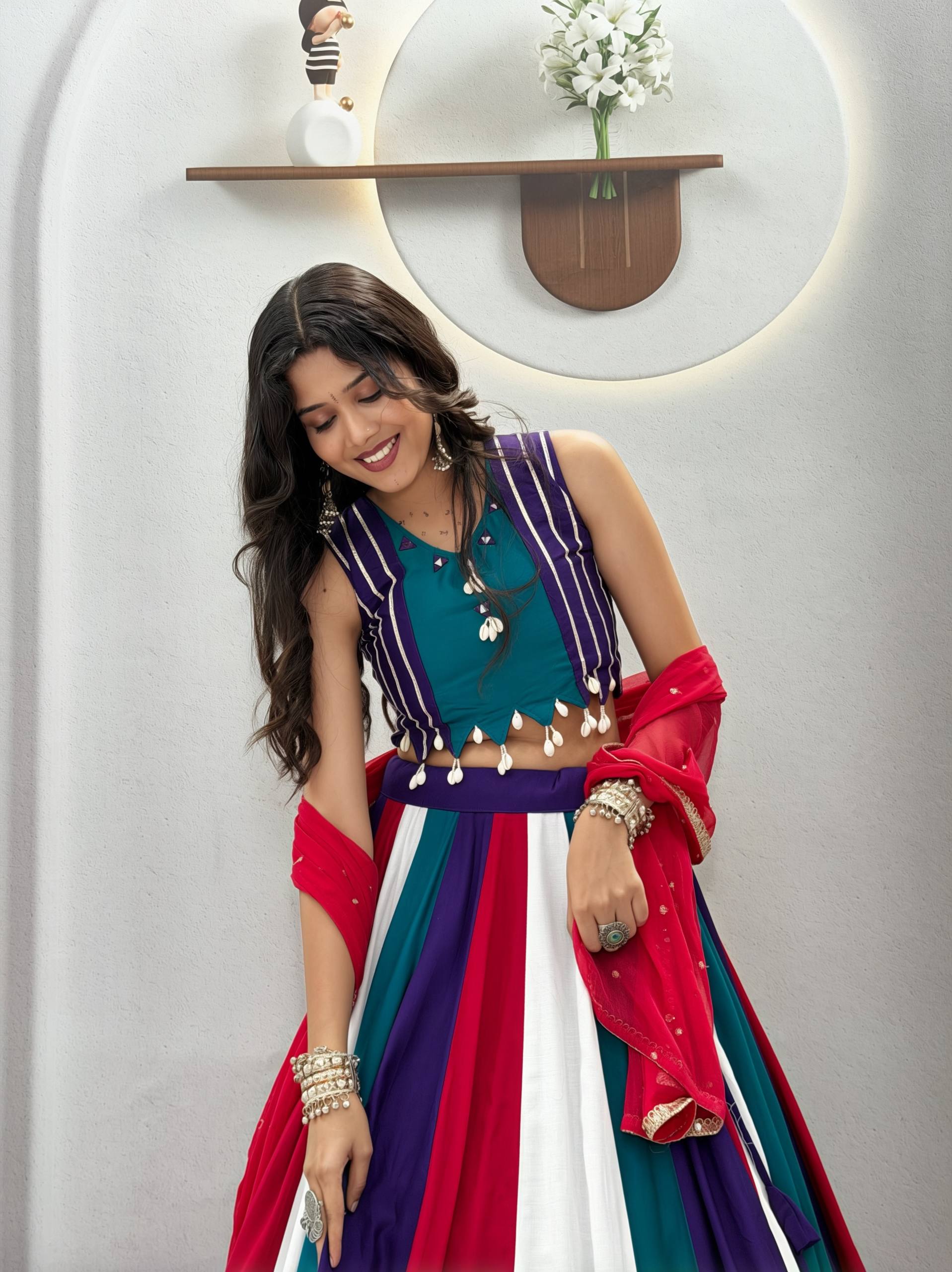 Ramvanya Designer Pure Cotton Hand Mirror & Thread Work Navratri Lehenga Choli with 6 Metre Multi-Colour Kali Flair and Embroidered Najmin Dupatta 3-Piece Ethnic Wear Set