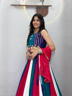Ramvanya Designer Pure Cotton Hand Mirror & Thread Work Navratri Lehenga Choli with 6 Metre Multi-Colour Kali Flair and Embroidered Najmin Dupatta 3-Piece Ethnic Wear Set