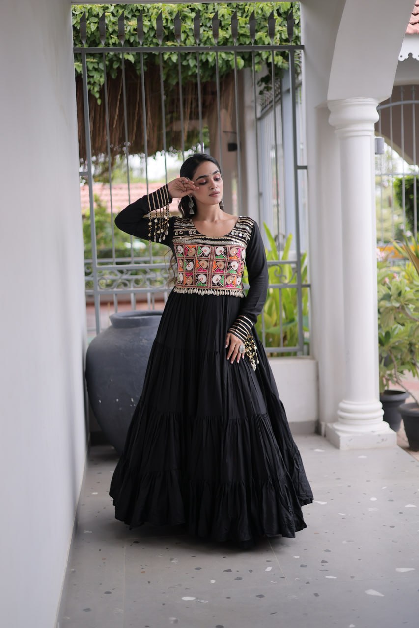 Garvi Kutchi Gamthi Embroidered Rayon Gown with Mirror Work