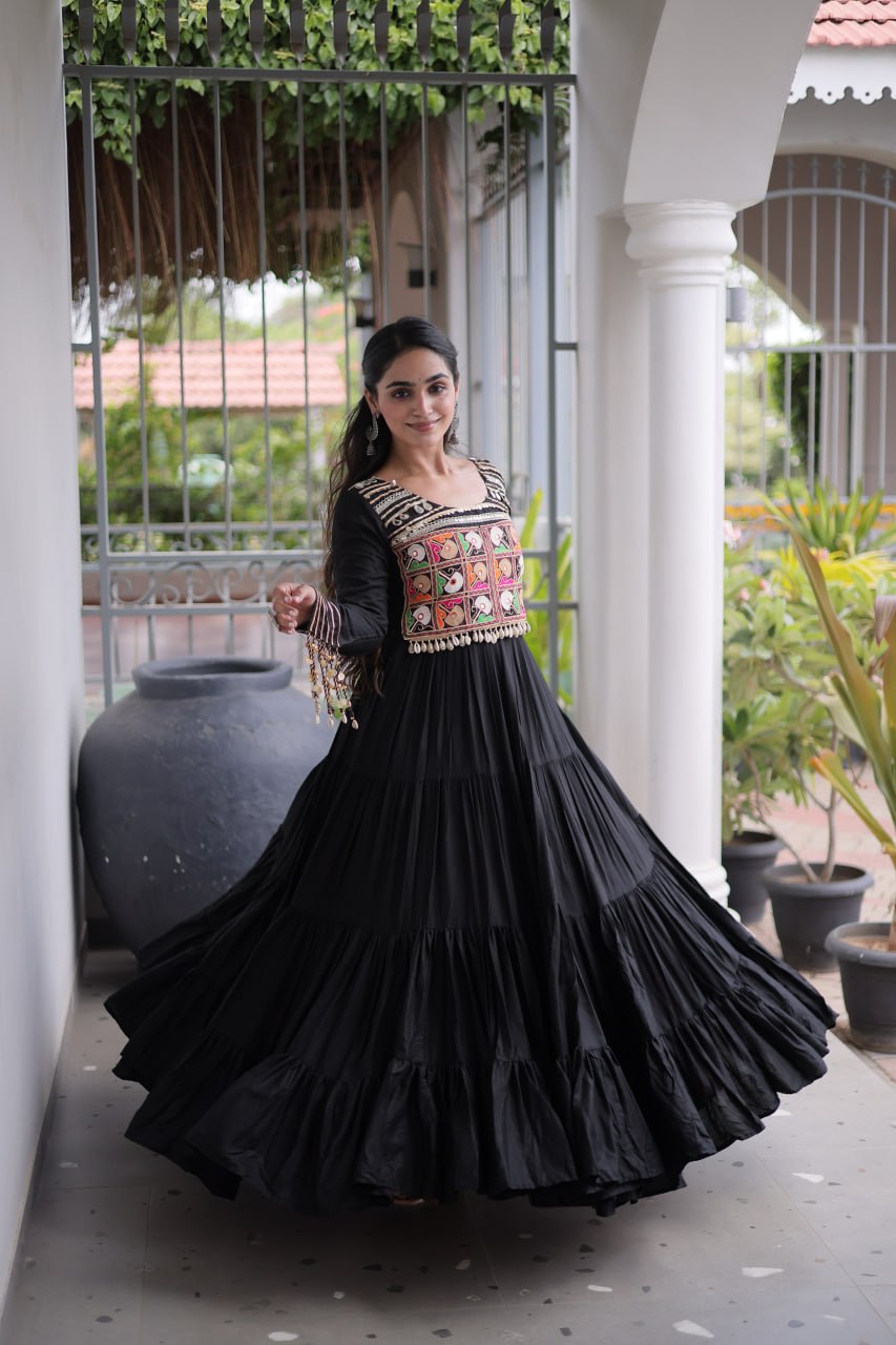 Garvi Kutchi Gamthi Embroidered Rayon Gown with Mirror Work