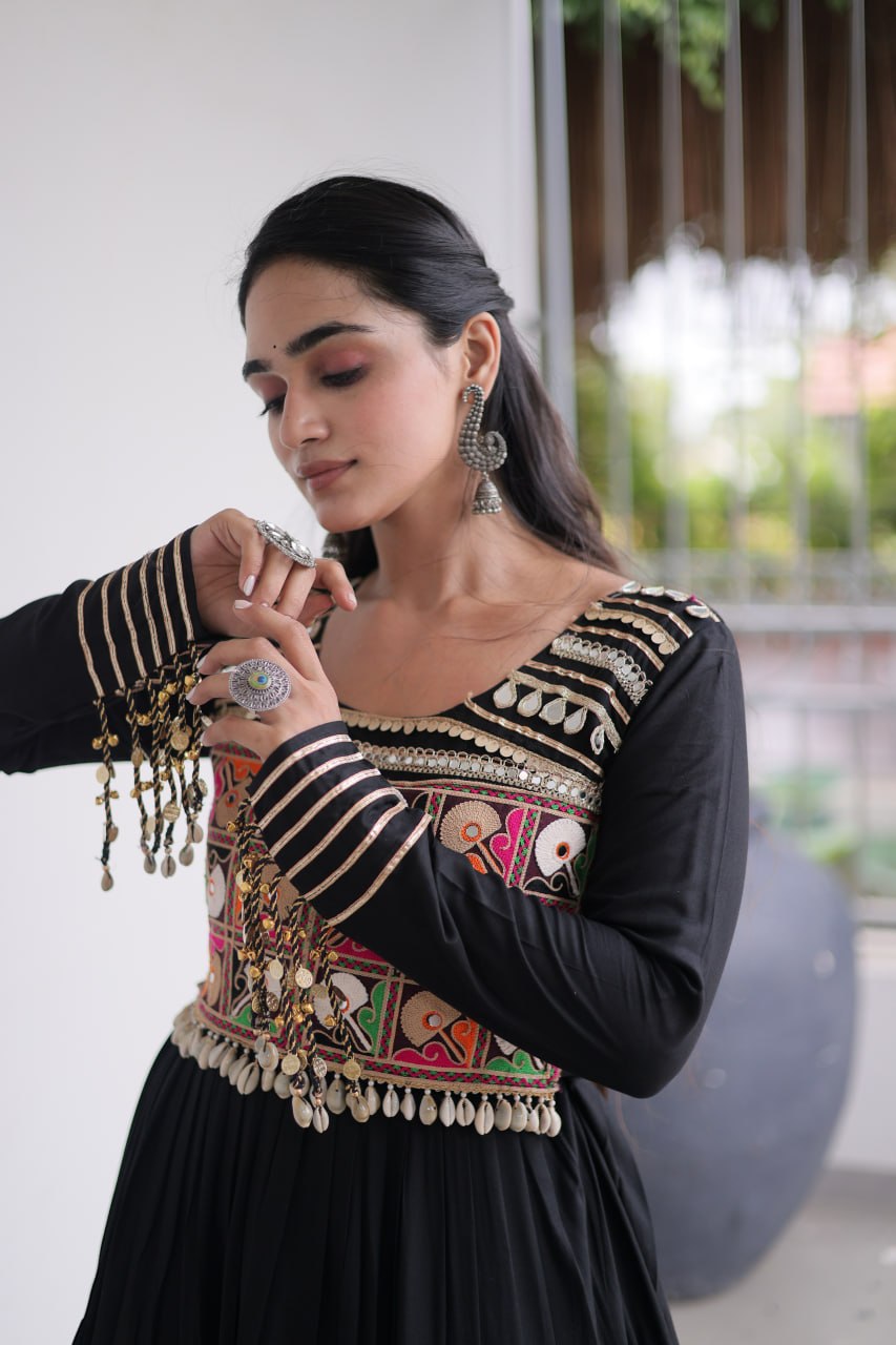 Garvi Kutchi Gamthi Embroidered Rayon Gown with Mirror Work
