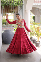 Garvi Kutchi Gamthi Embroidered Rayon Gown with Mirror Work
