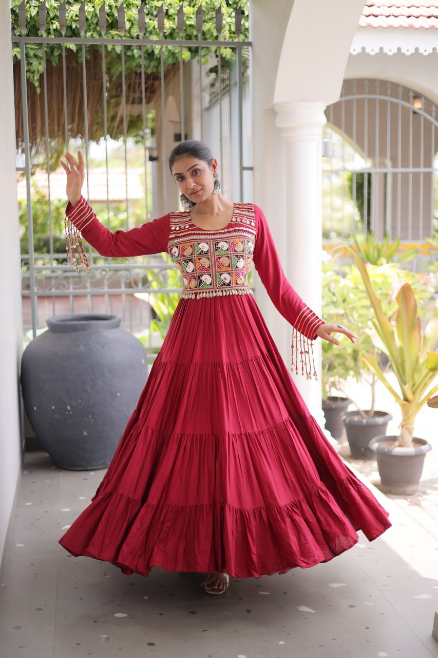 Garvi Kutchi Gamthi Embroidered Rayon Gown with Mirror Work