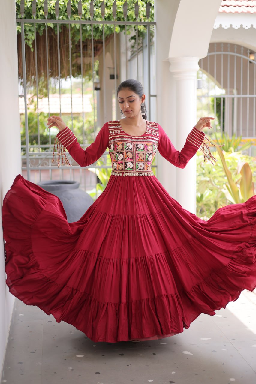 Garvi Kutchi Gamthi Embroidered Rayon Gown with Mirror Work