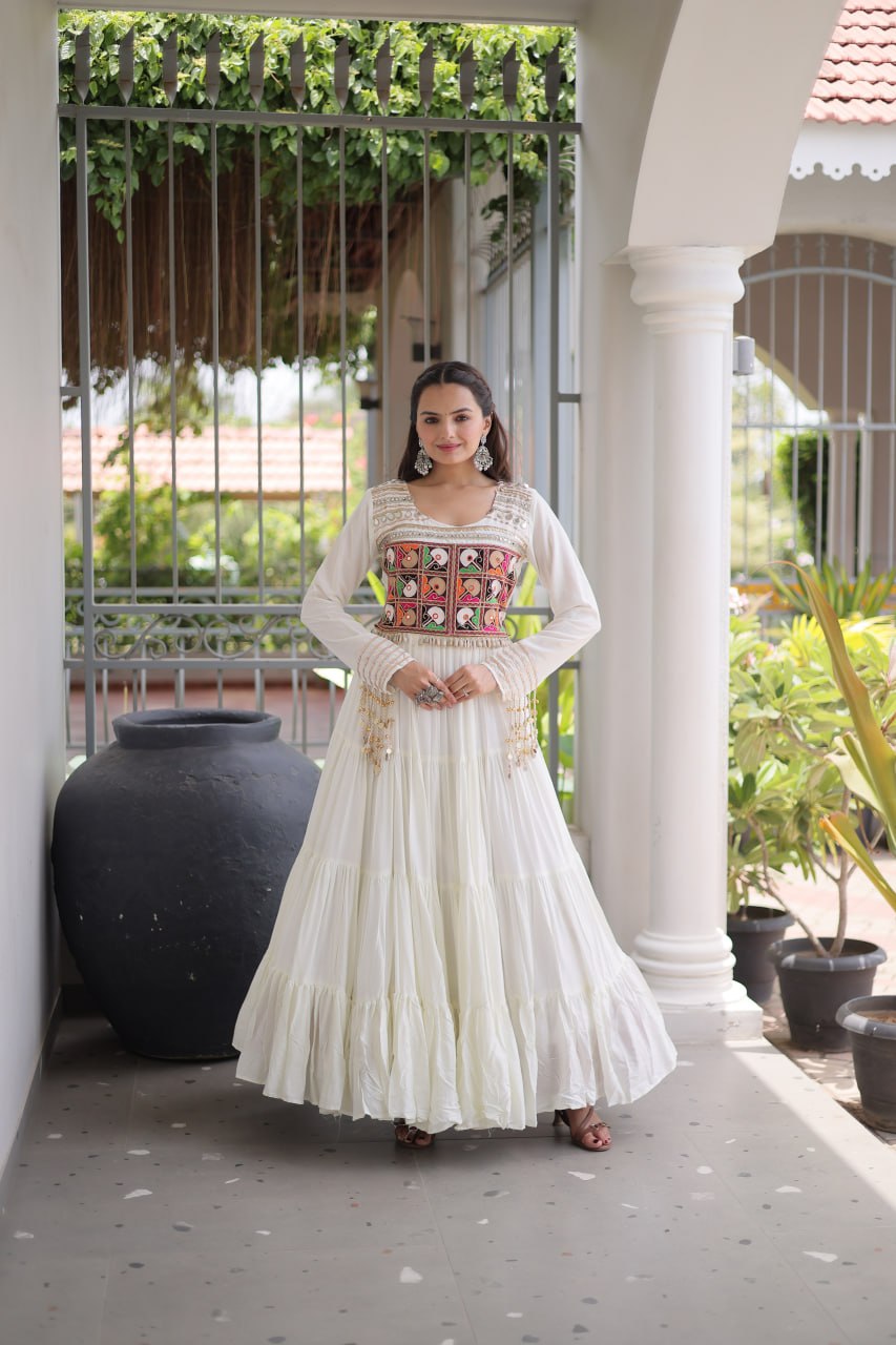 Garvi Kutchi Gamthi Embroidered Rayon Gown with Mirror Work