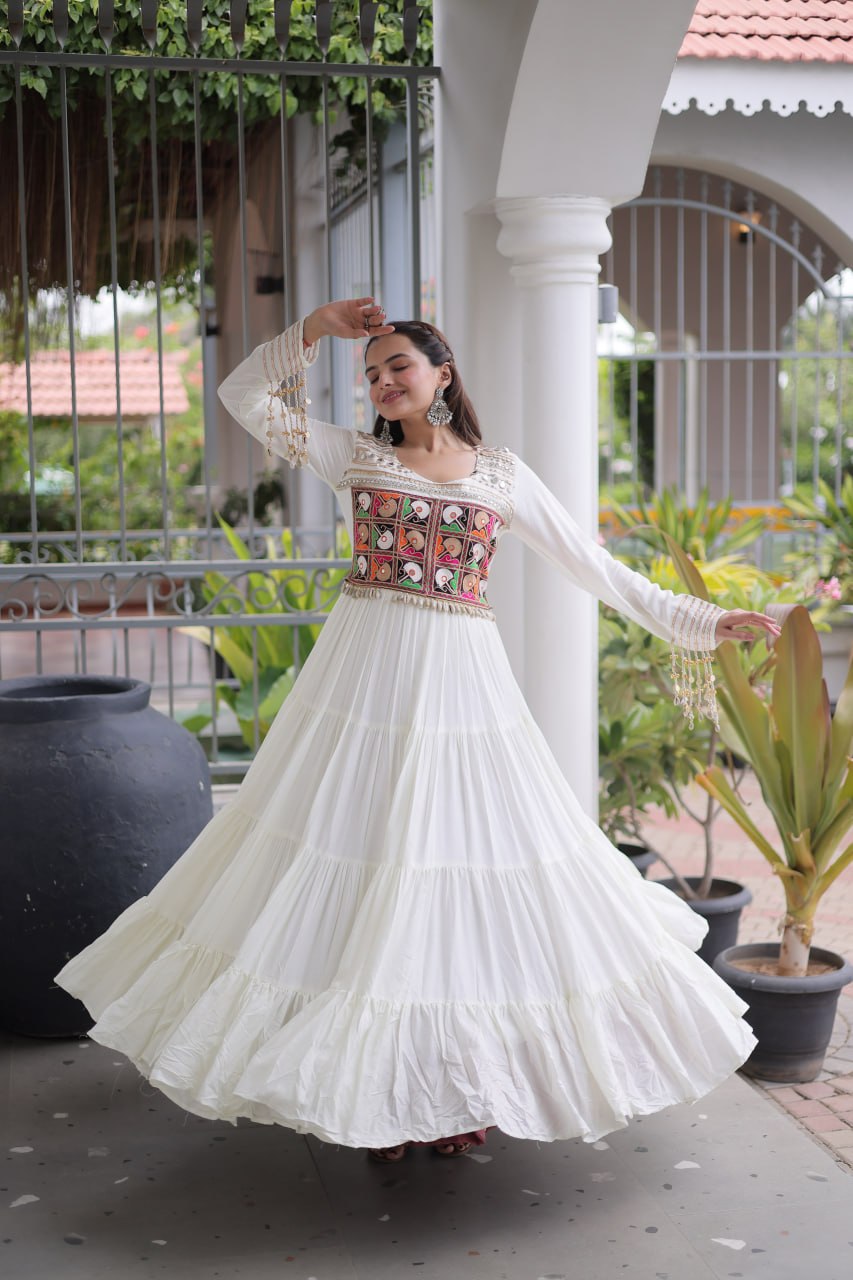 Garvi Kutchi Gamthi Embroidered Rayon Gown with Mirror Work