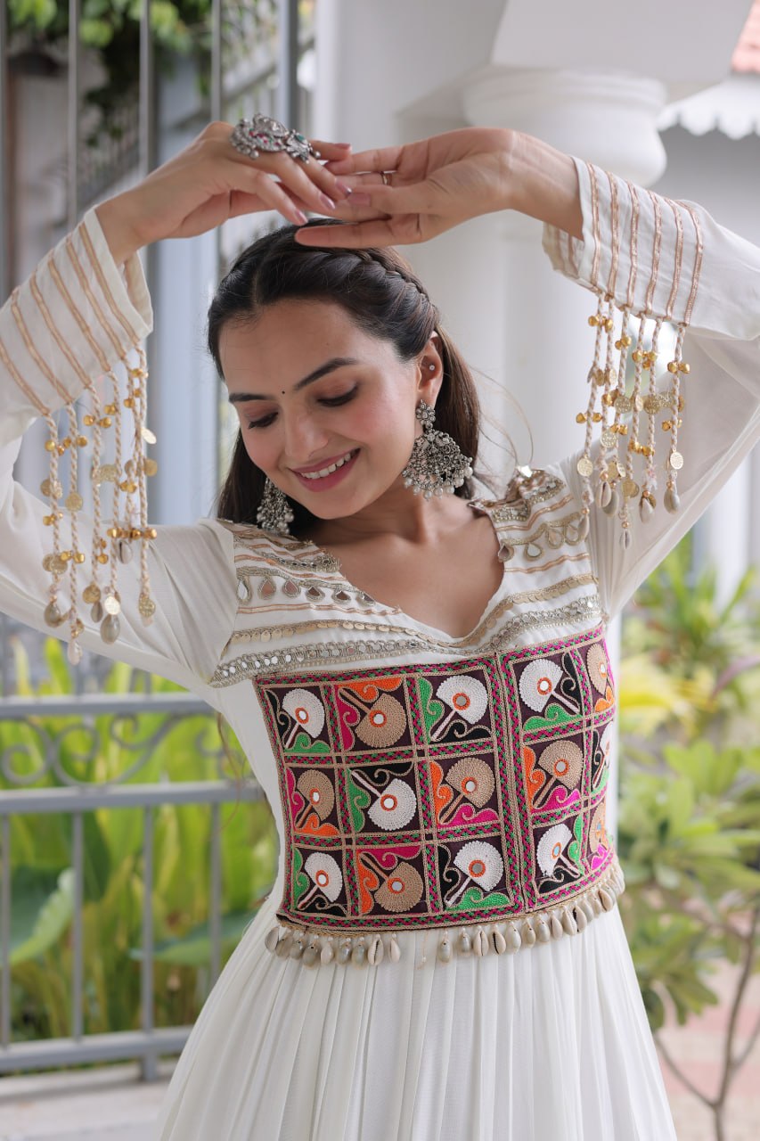 Garvi Kutchi Gamthi Embroidered Rayon Gown with Mirror Work