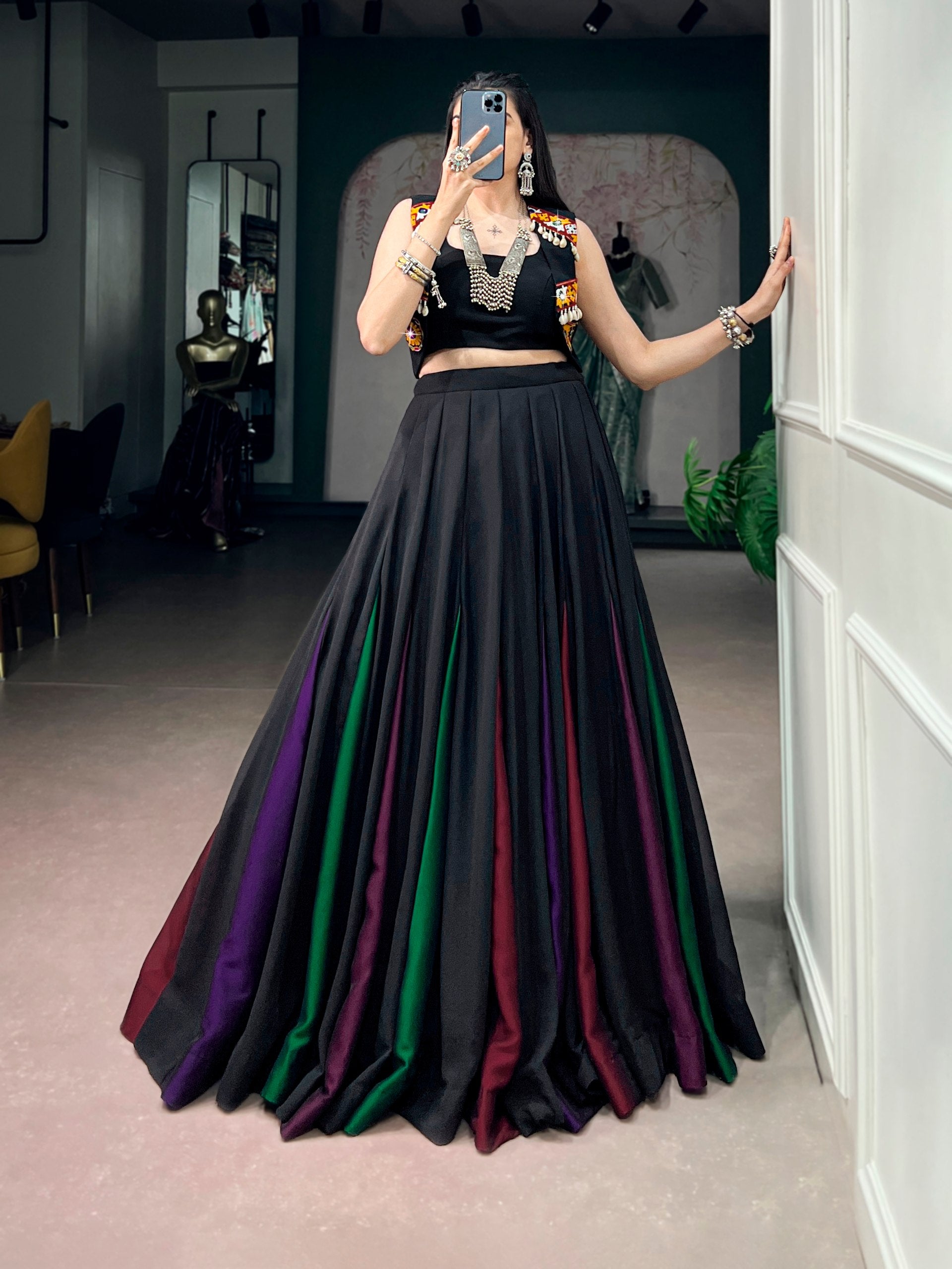 Ruhvika Black Georgette Gamthi Work Designer Lehenga with Embellished Koti Navratri