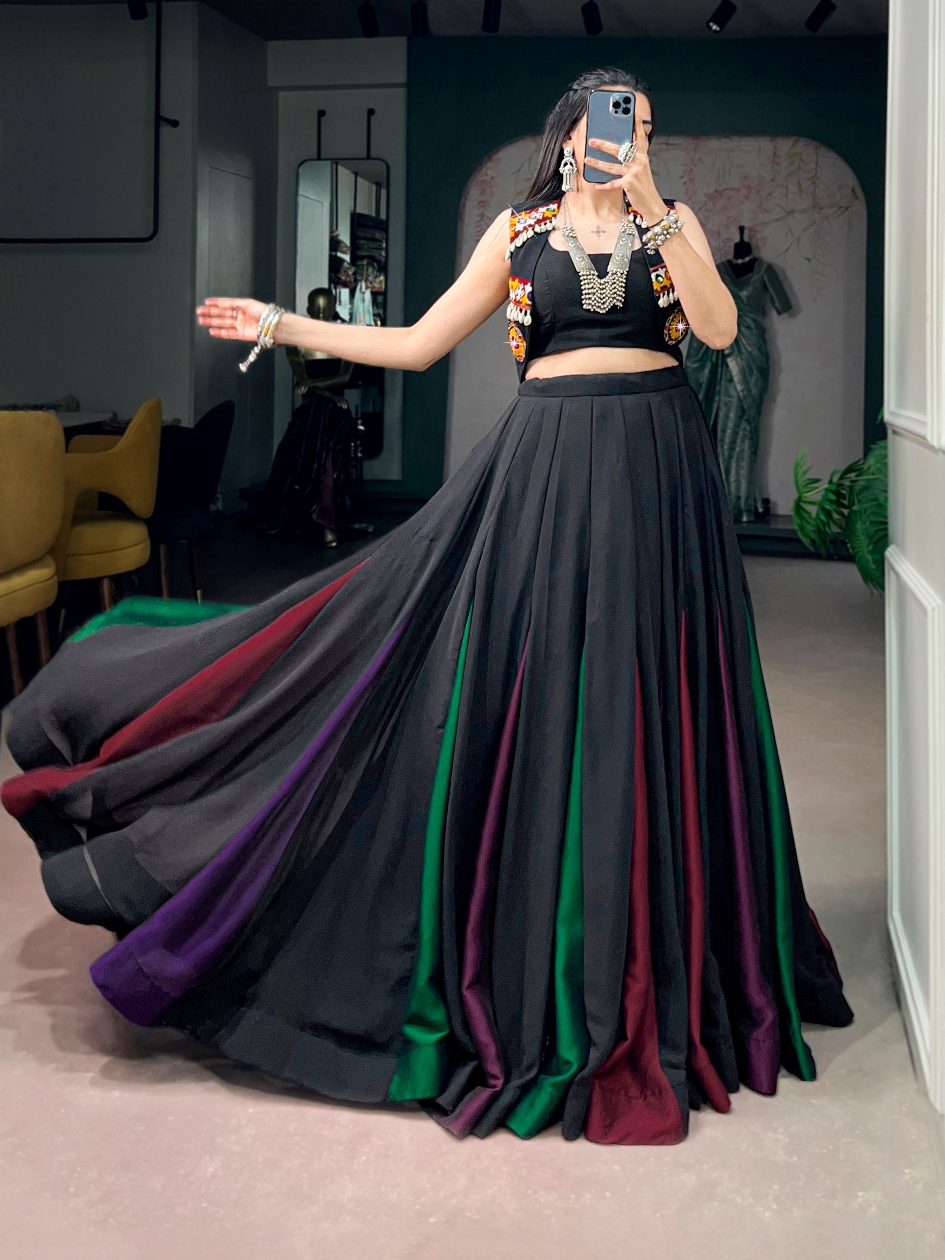 Ruhvika Black Georgette Gamthi Work Designer Lehenga with Embellished Koti Navratri