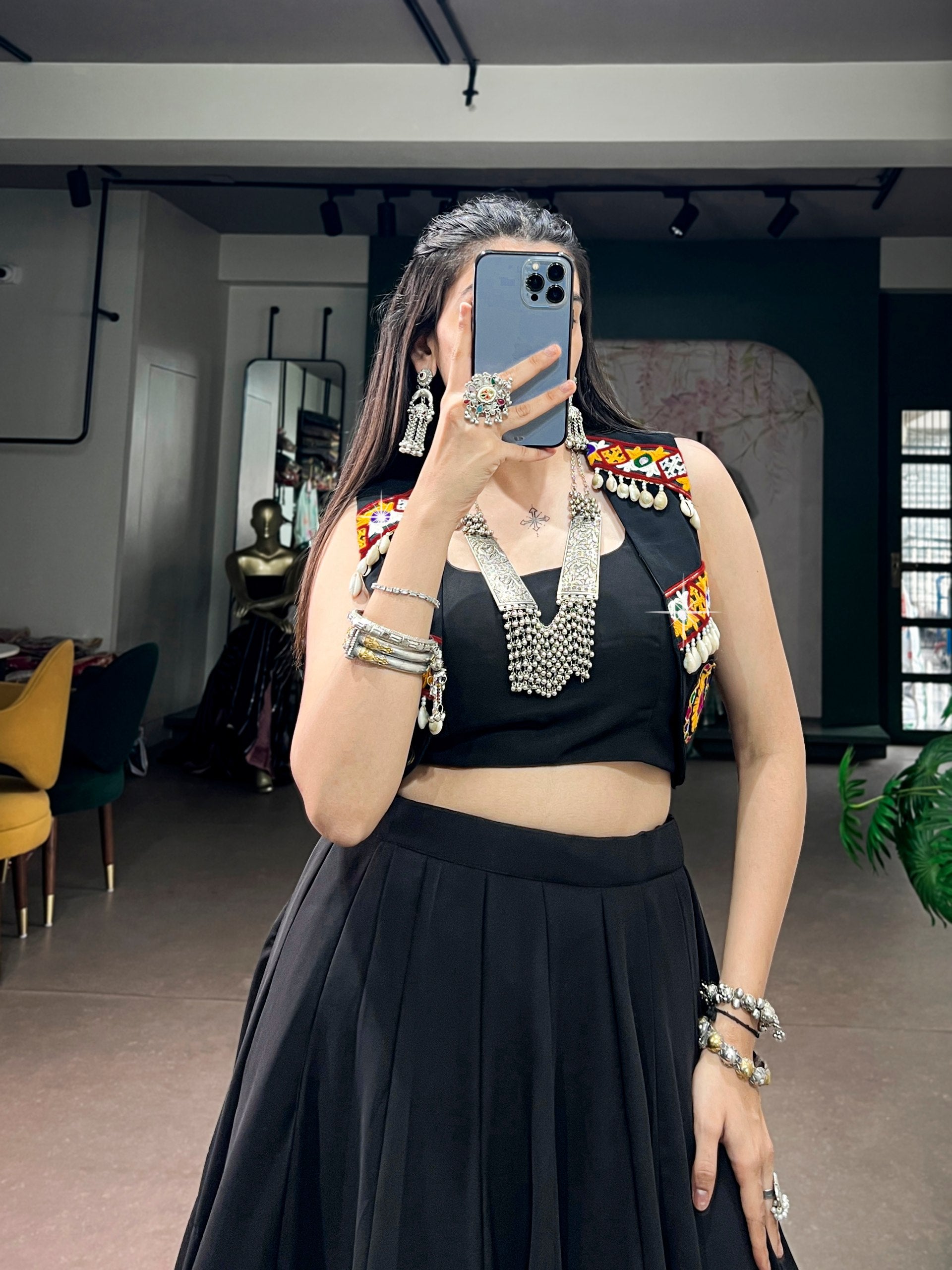 Ruhvika Black Georgette Gamthi Work Designer Lehenga with Embellished Koti Navratri
