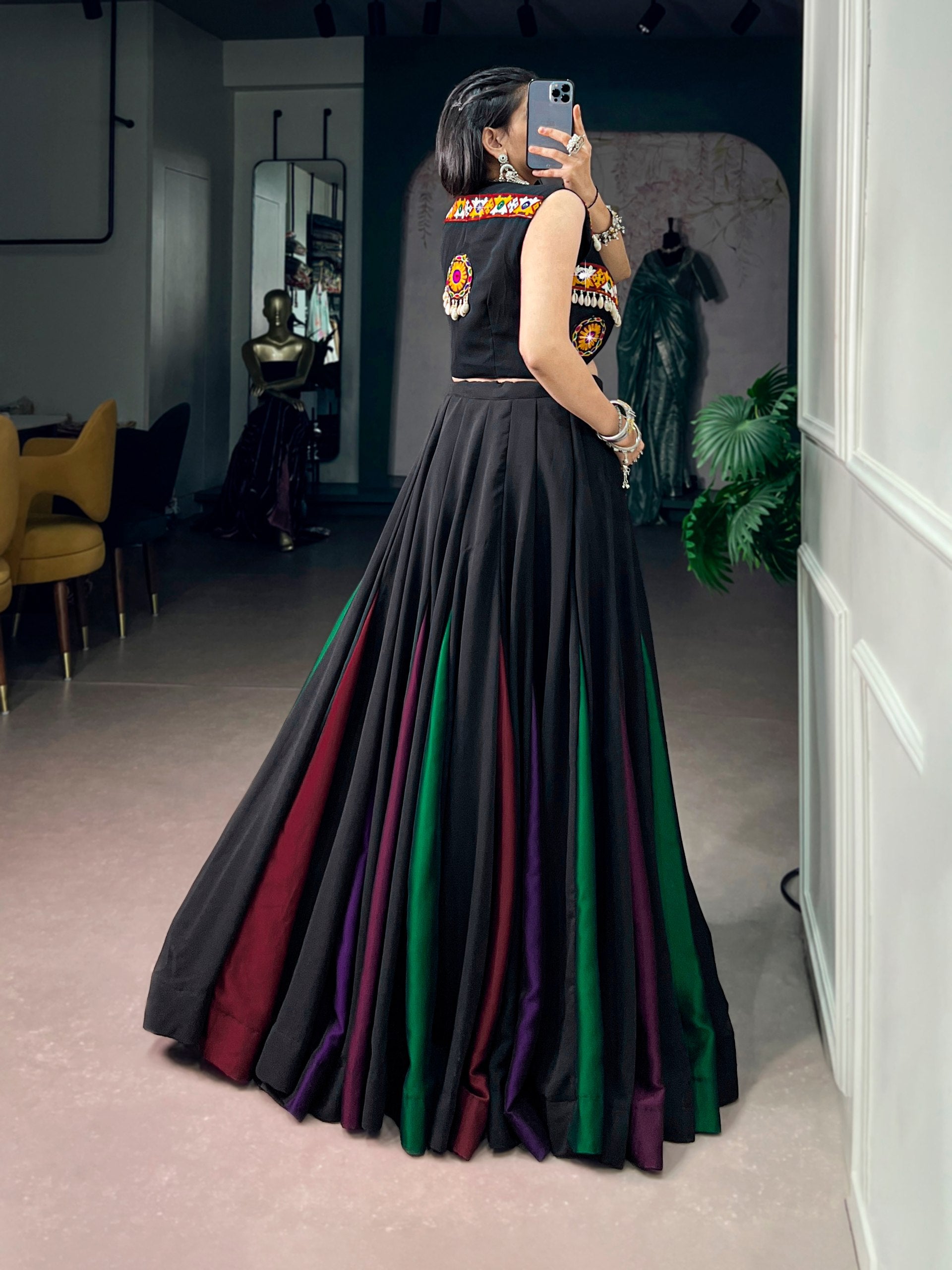 Ruhvika Black Georgette Gamthi Work Designer Lehenga with Embellished Koti Navratri