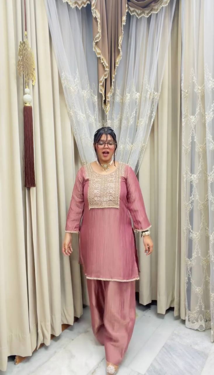 Zariya Noor Designer Heavy Crunchy Silk Thread Embroidered Farshi Suit Set with Lace Border Dupatta