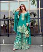 Iraaya Chinon Silk Sequins & Coding Dori Embroidered Top Palazzo with Dupatta Set