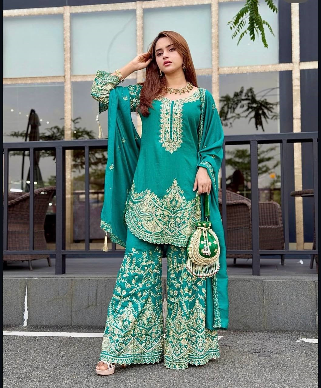 Iraaya Chinon Silk Sequins & Coding Dori Embroidered Top Palazzo with Dupatta Set