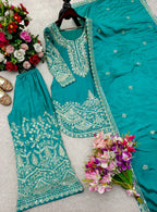 Iraaya Chinon Silk Sequins & Coding Dori Embroidered Top Palazzo with Dupatta Set