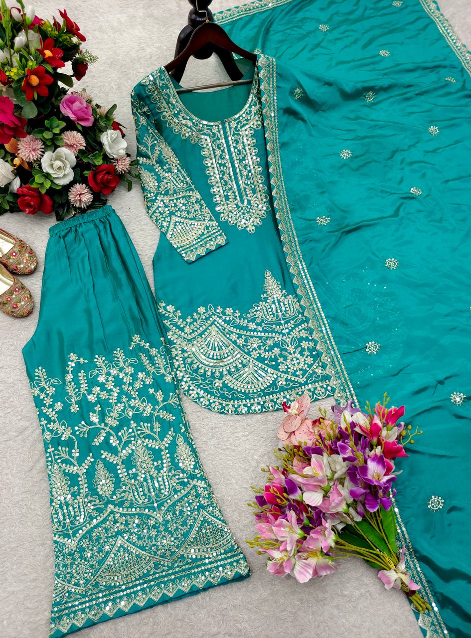 Iraaya Chinon Silk Sequins & Coding Dori Embroidered Top Palazzo with Dupatta Set