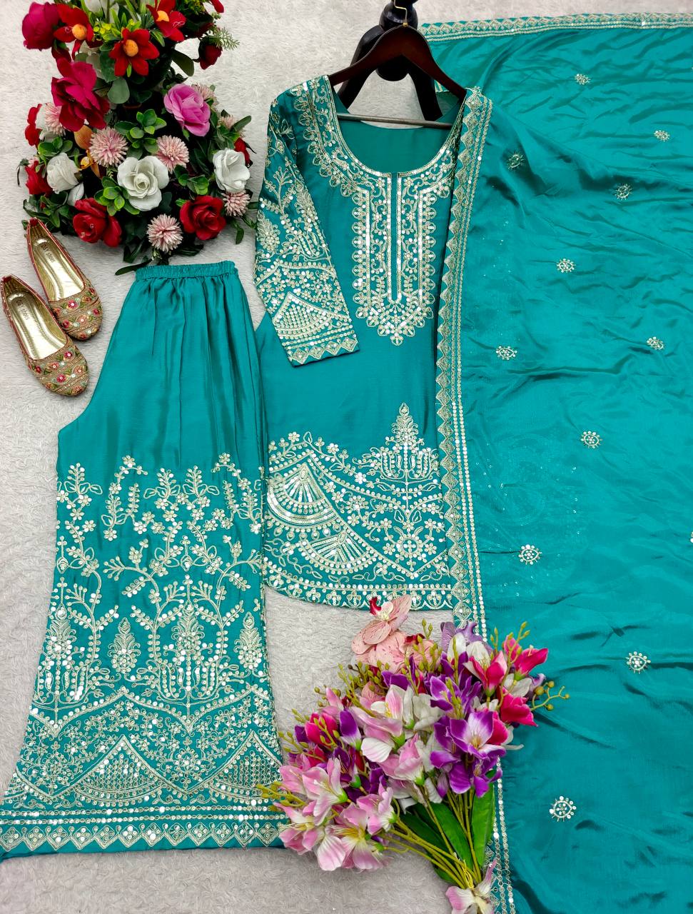 Iraaya Chinon Silk Sequins & Coding Dori Embroidered Top Palazzo with Dupatta Set