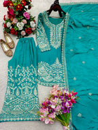 Iraaya Chinon Silk Sequins & Coding Dori Embroidered Top Palazzo with Dupatta Set