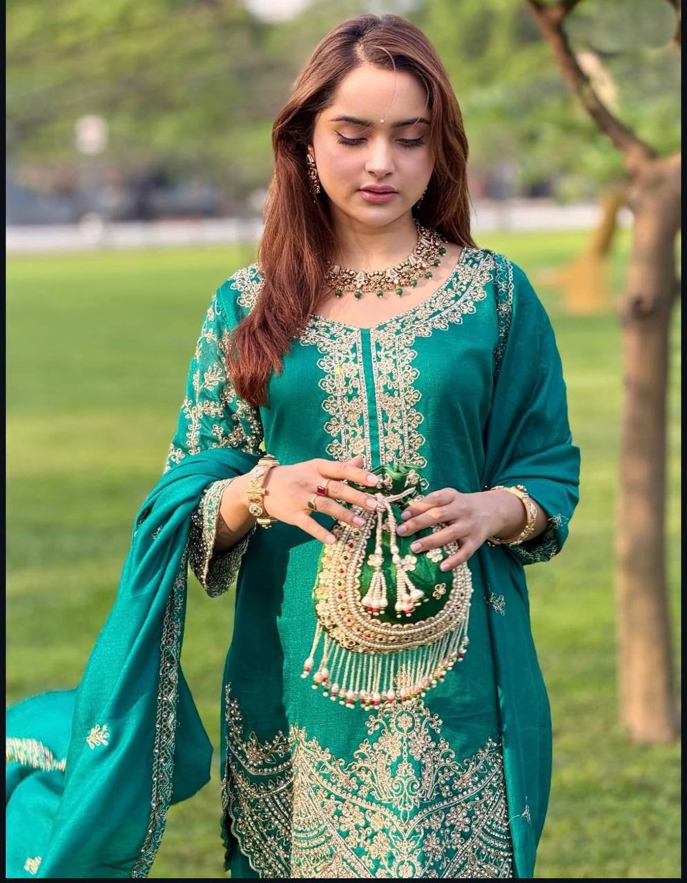 Iraaya Chinon Silk Sequins & Coding Dori Embroidered Top Palazzo with Dupatta Set