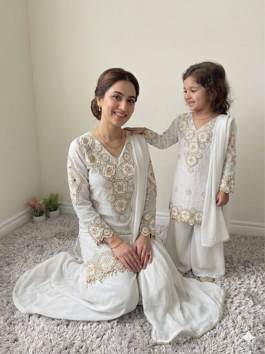 Elegant Mother Daughter Party Wear with Embroidered Detailing Palazzo Set
