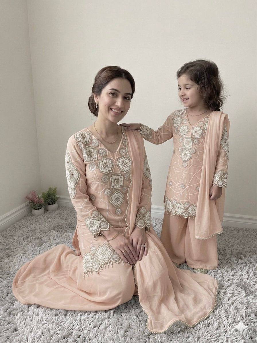 Elegant Mother Daughter Party Wear with Embroidered Detailing Palazzo Set