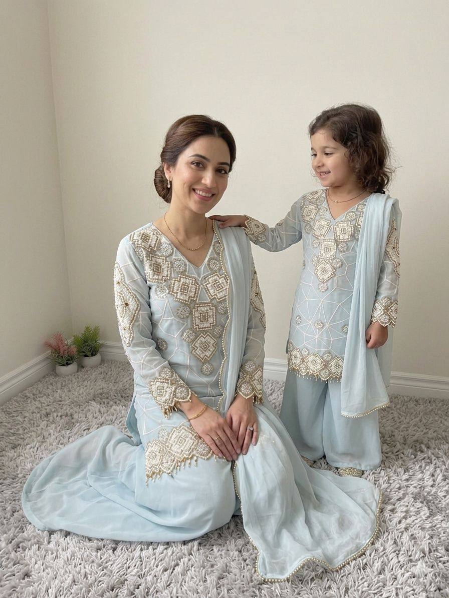 Elegant Mother Daughter Party Wear with Embroidered Detailing Palazzo Set