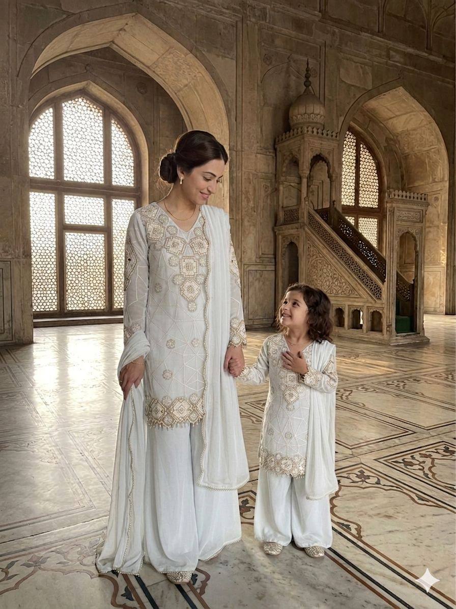 Elegant Mother Daughter Party Wear with Embroidered Detailing Palazzo Set