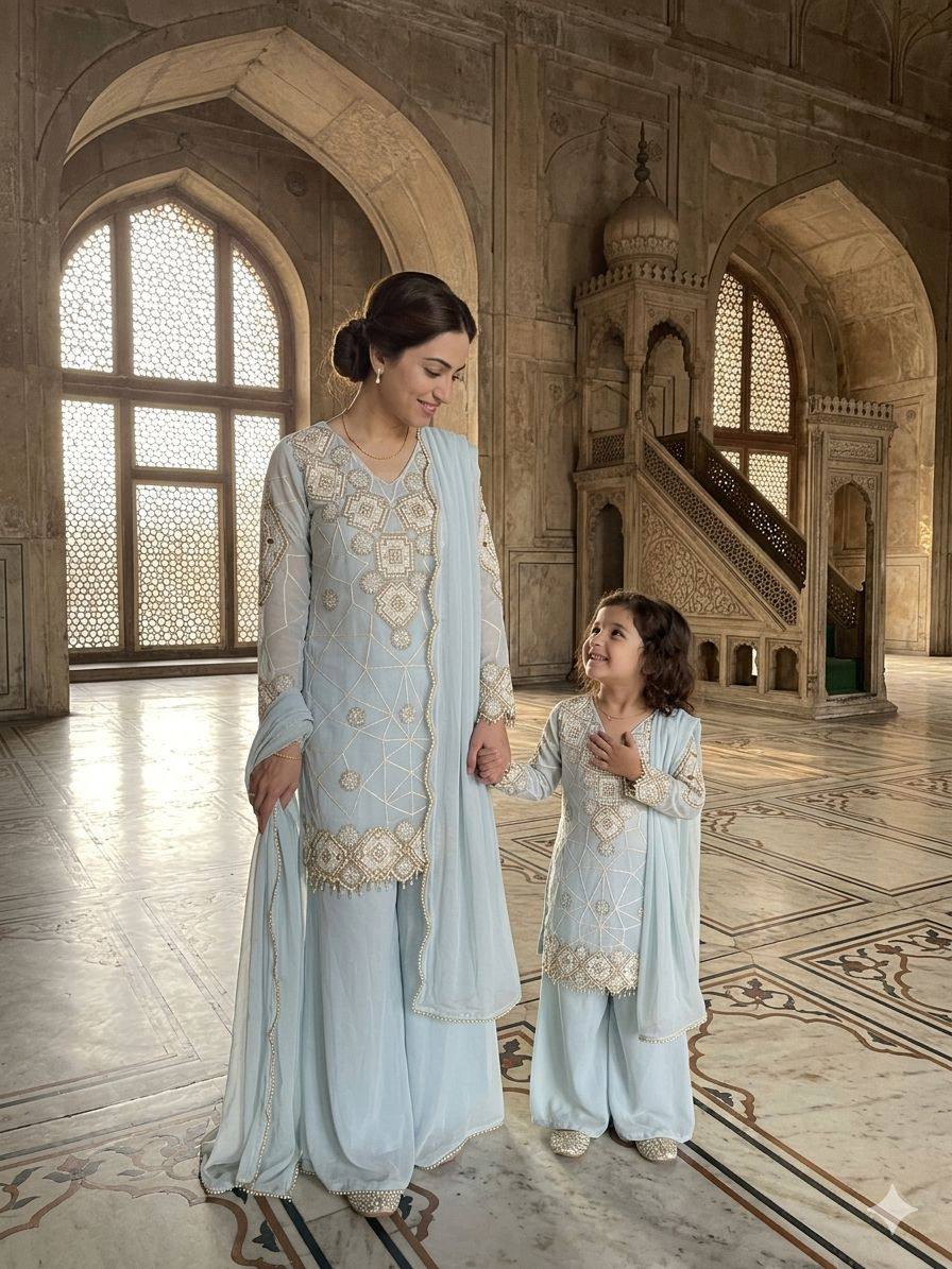 Elegant Mother Daughter Party Wear with Embroidered Detailing Palazzo Set