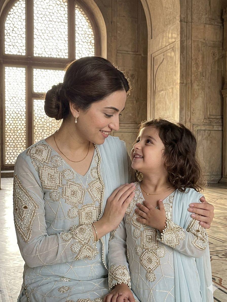Elegant Mother Daughter Party Wear with Embroidered Detailing Palazzo Set