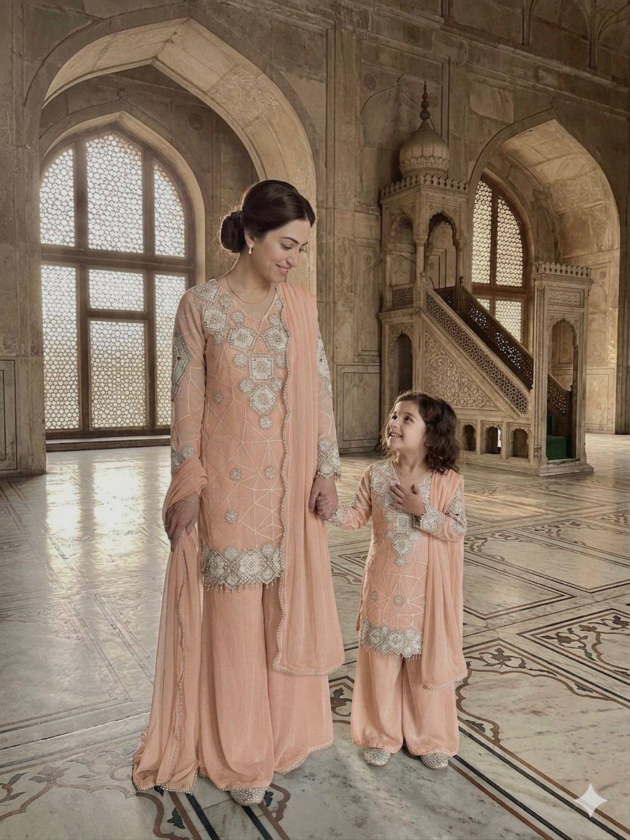 Elegant Mother Daughter Party Wear with Embroidered Detailing Palazzo Set