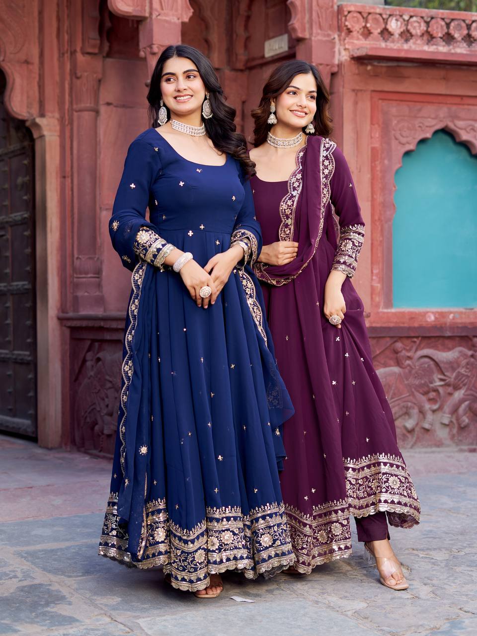 Premium Georgette Gown with Pant and Thread Work Dupatta