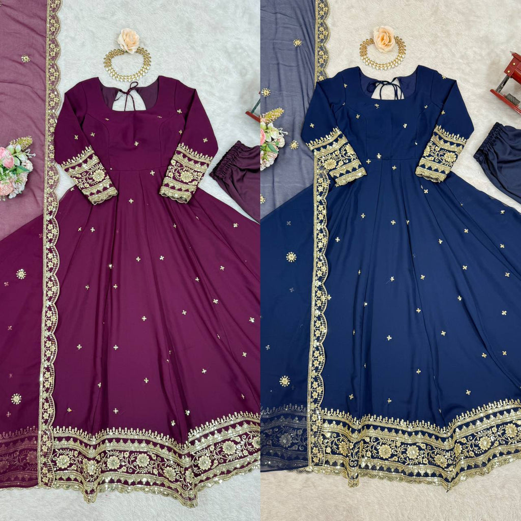 Premium Georgette Gown with Pant and Thread Work Dupatta