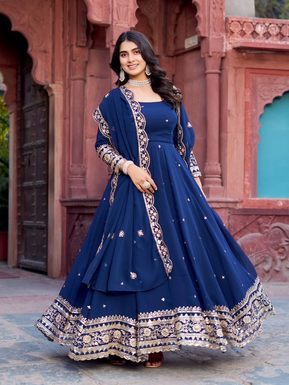 Premium Georgette Gown with Pant and Thread Work Dupatta