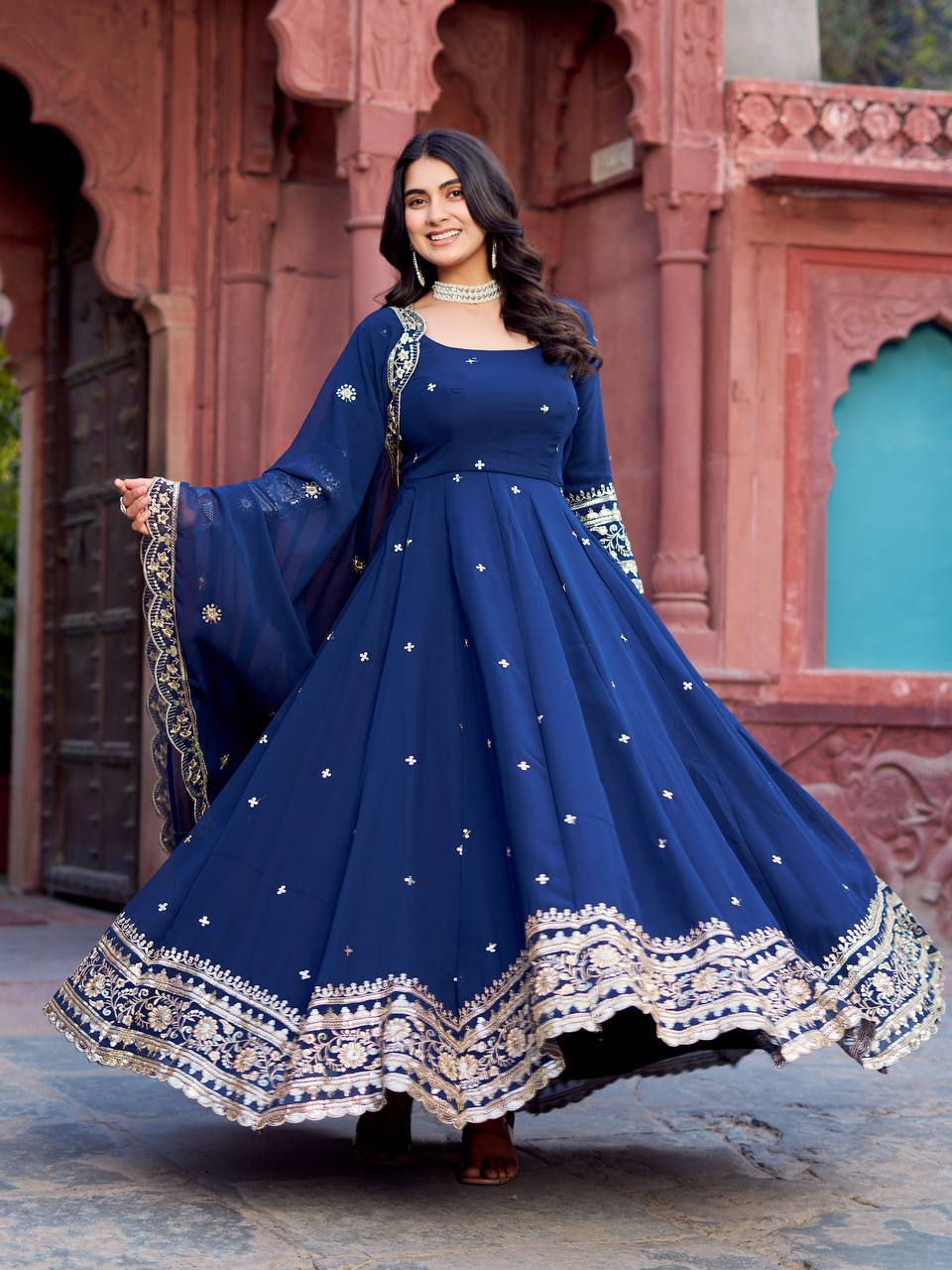 Premium Georgette Gown with Pant and Thread Work Dupatta